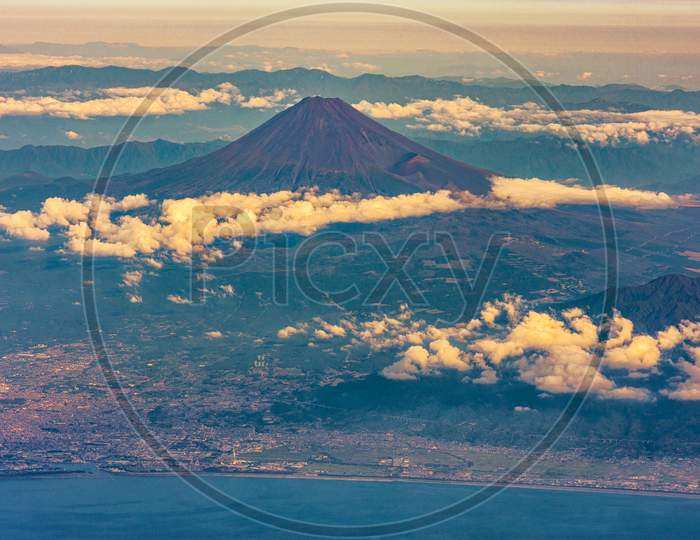 Aerial Airplane View Of Mt. Fuji In Japan