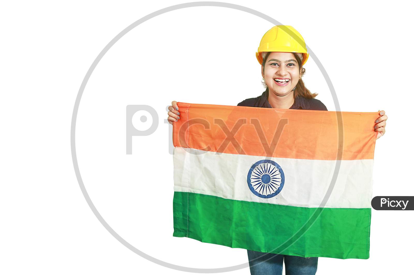 Young Indian Millennial Female Engineer Holding Indian Tricolor Flag With Smile And Showing Patriotism, Republic Day Or Independence Day Concept Isolated On White Background Copy Space To Write Text.