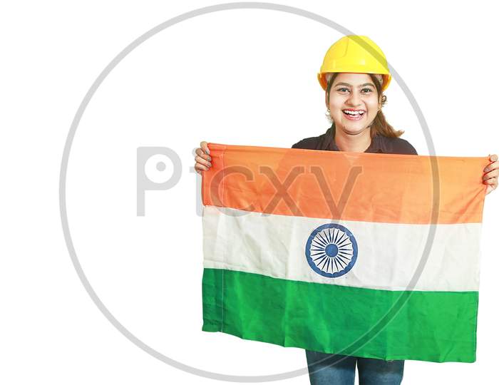 Young Indian Millennial Female Engineer Holding Indian Tricolor Flag With Smile And Showing Patriotism, Republic Day Or Independence Day Concept Isolated On White Background Copy Space To Write Text.