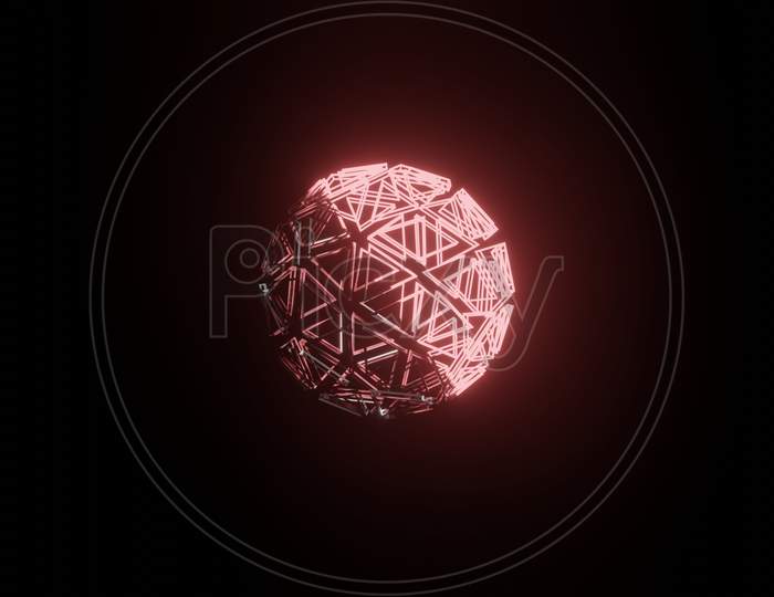 Illustration Graphic Of A 3D Render Dark And Light Shade Of Pink Color Wired Frame Plasma Sphere Or Circle, Isolated On Black Background.