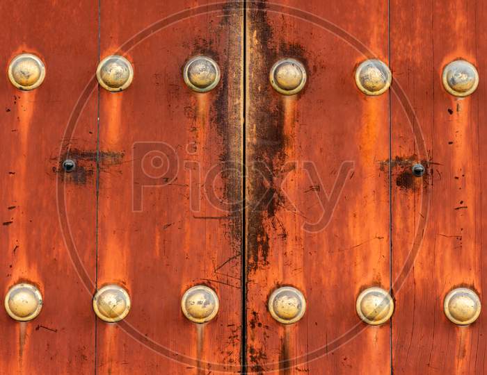 Wooden Door Of The Ancient Buddhist Temple In Nara, Japan