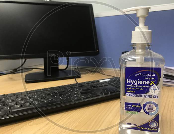 Hand Sanitizers Kept On A Workstation For Employee Of An Reputed Company In Oman