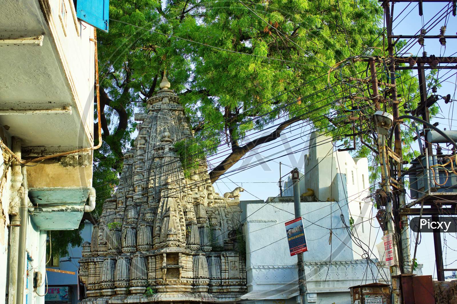 Udaipur, India - May 24, 2013: Electric Circuits And Wires Before Hindu Temple Located In Rajasthan State