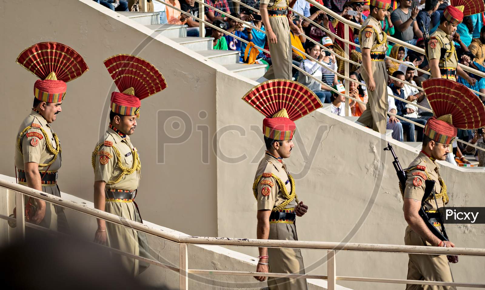 Amritsar,Punjab,India-April 14Th, 2019:Border Security Force Personnel Marching To Take Part In Beating Retreat Ceremony At The India-Pakistan Wagah Border.