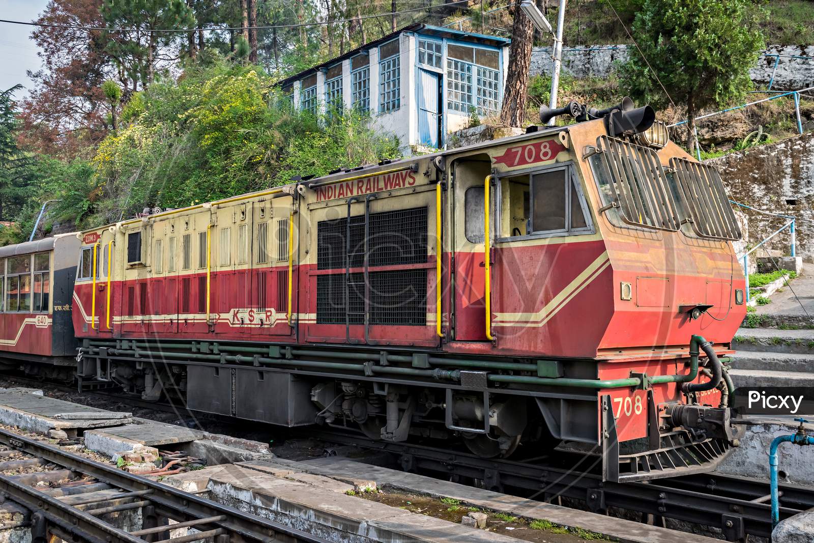 Barog, Himachal Pradesh, India- April 14Th, 2015:Narrow Gauge Locomotive With Kalka-Shimla Shivalik Deluxe Express, Takes A Stop A