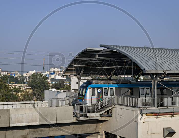 Rapid Transit Hyderabad Metro Train Exits Nampally Station In The Morning. The Service Has Successfully Completed One Year In 2019