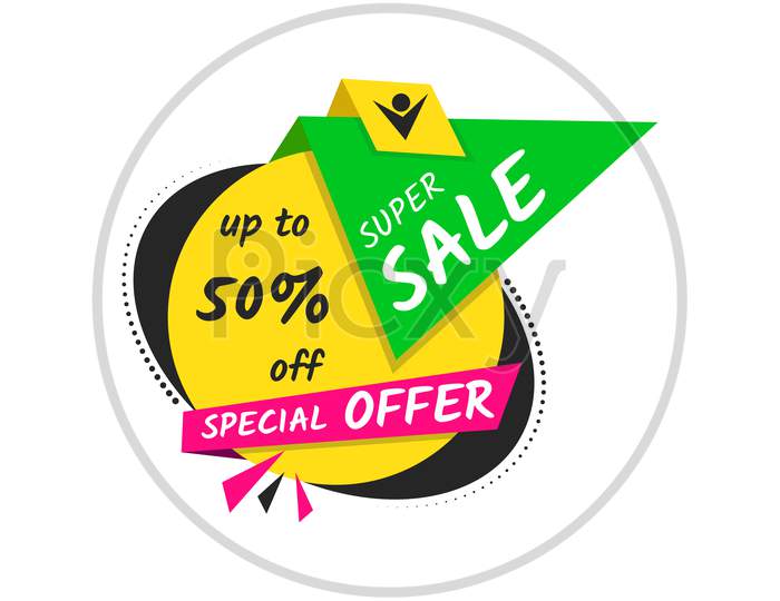 50% Off Sale Tag. Super Sale, Hurrah Up To 50% Off. Special Offer, Eye And Tag. Sale Price Tag Template Design. Discount Label Design For Marketing And Advertisement. Price Sticker, Sale Web Coupons.