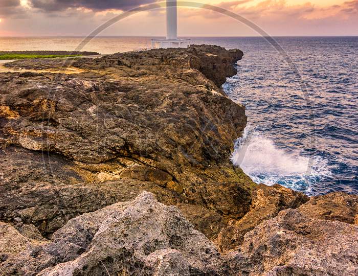 Beautiful Sunset At Cape Zanpa With Zanpa Lighthouse, Okinawa, Japan