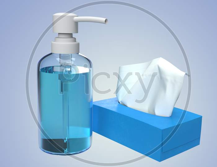 Realistic Looking Hand Sanitizer Pump Bottle With Antiseptic Alcohol Gel And Tissue Paper Box With Blank Mockups Isolated In Gradient Background, 3D Rendering