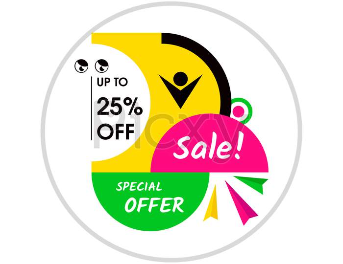 Sale Price Tag Template Design. Up To 25% Off. Sale Tag. Super Sale, Hurrah. Special Offer, Eye And Tag. Discount Label Design For Marketing And Advertisement. Price Sticker, Sale Web Coupons.