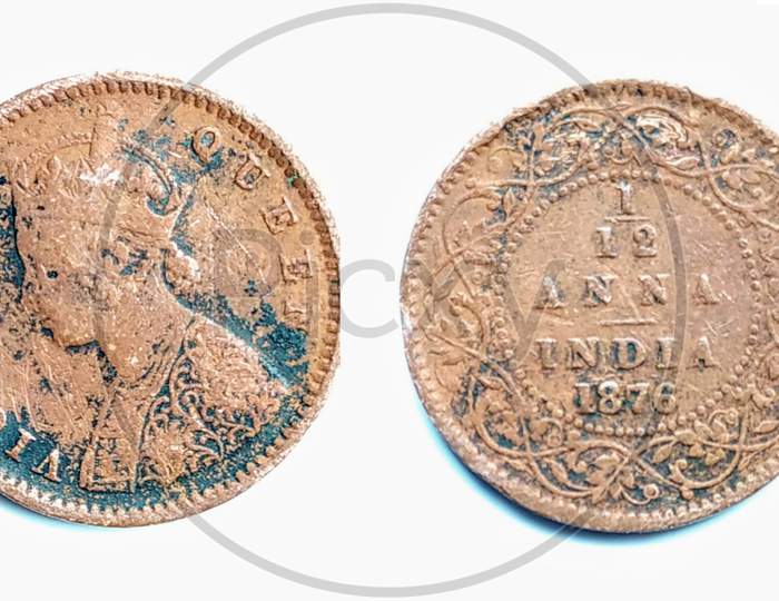 An Old British East India Company Coin (1/12) Anna 1876, Isolated On White Background