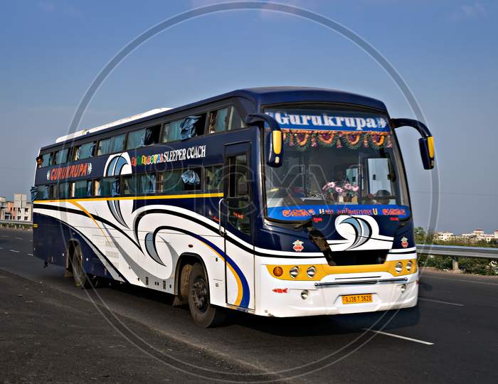 Pune, Maharashtra, India- October 25Th, 2016:Gurukripa Transport Bus Speeding On Highway.