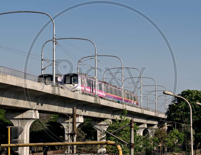 Pune,Maharashtra,India-March 12Th,2020: Colorful, Two Rakes Of Pune Metro Trial Run, On The Bridge.