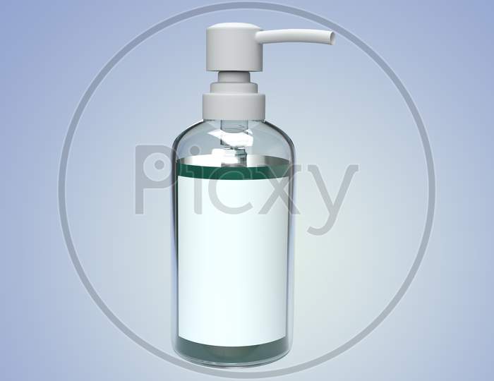 Realistic Looking Hand Sanitizer Pump Bottle And Antiseptic Alcohol Gel With Blank Mockups Isolated In Gradient Background, 3D Rendering
