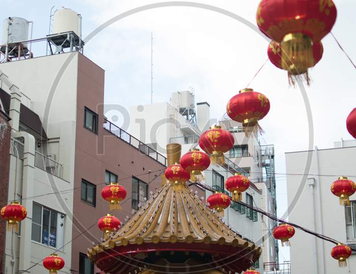 Colorful Red Lanterns In Chinatown In Kobe, Japan, During Lunar New Year Celebration