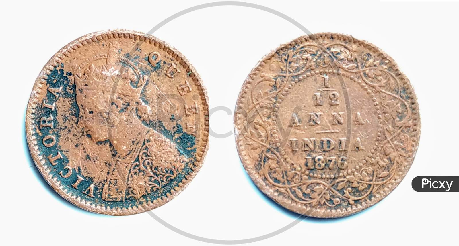 An Old British East India Company Coin (1/12) Anna 1876, Isolated On White Background