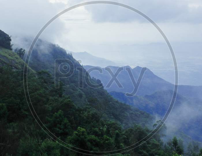 cloudy windward side (relief rainfall) of western ghats mountains in monsoon season