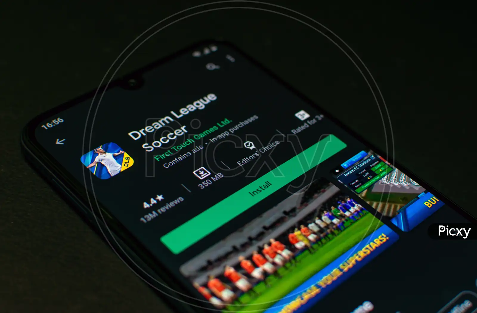 Image of Dream League Soccer 2020 Game application on Smartphone screen.  This app is a freeware in Android Playstore developed by First Touch  Games-WP719614-Picxy