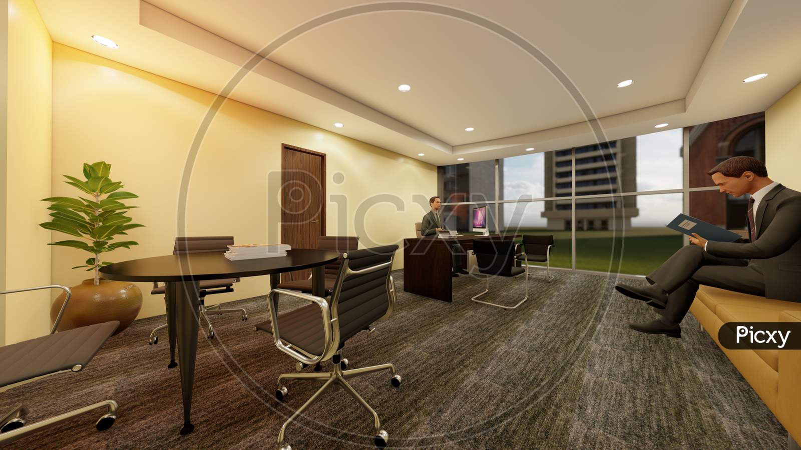 Three Dimensional Drawing Of Office Of An Chief Executive Officer Who Meeting With Another Staff