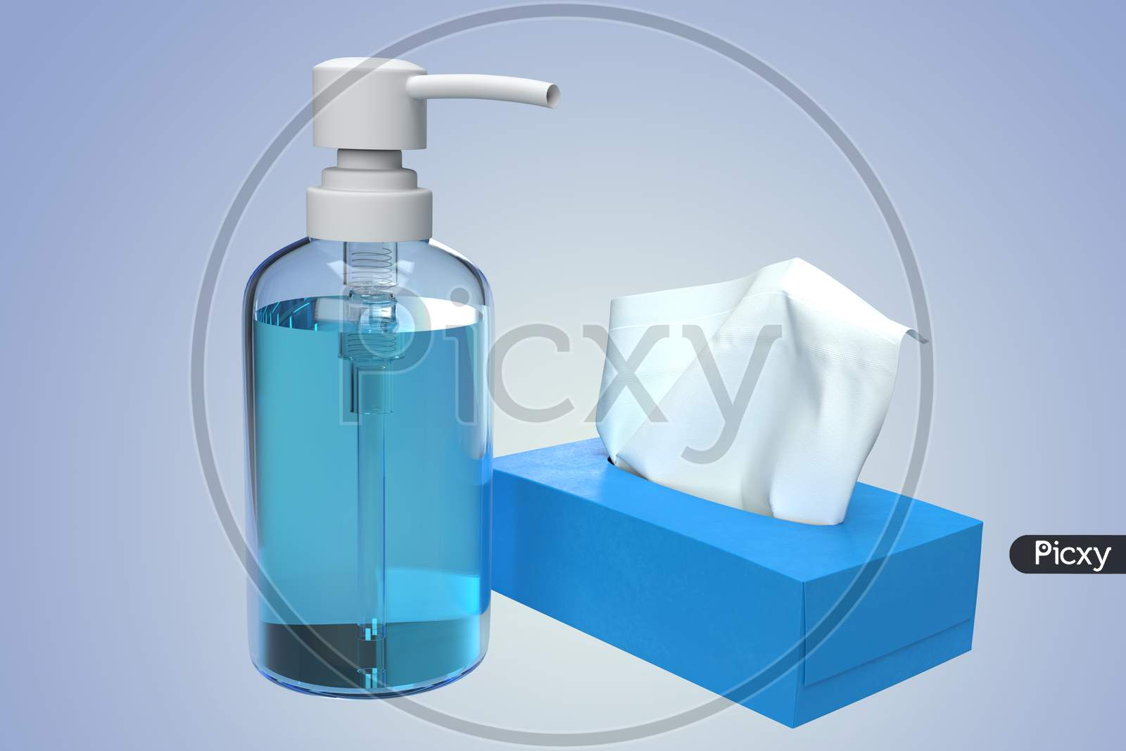 Realistic Looking Hand Sanitizer Pump Bottle With Antiseptic Alcohol Gel And Tissue Paper Box With Blank Mockups Isolated In Gradient Background, 3D Rendering