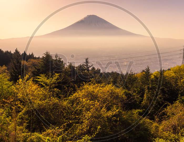 View Of Mt. Fuji Symbol Of Japan, Surrounded By Fog