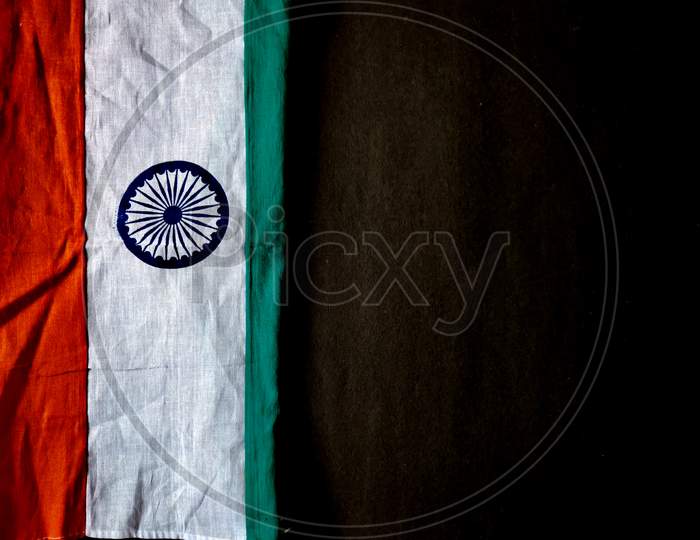 Indian Flag Isolated On Black Background. Happy Independence Day India. Copy Space.