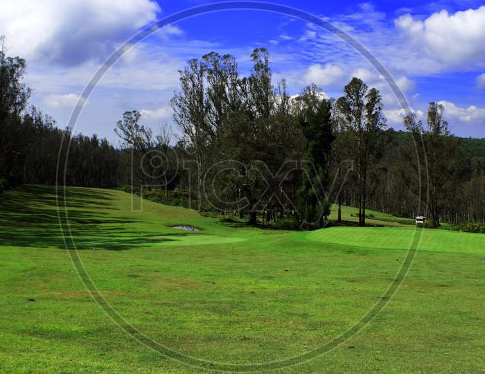 nilgiri mountain foothills, pine forest and rolling grassland of gymkhana golf course at ooty in tamil nadu, south india