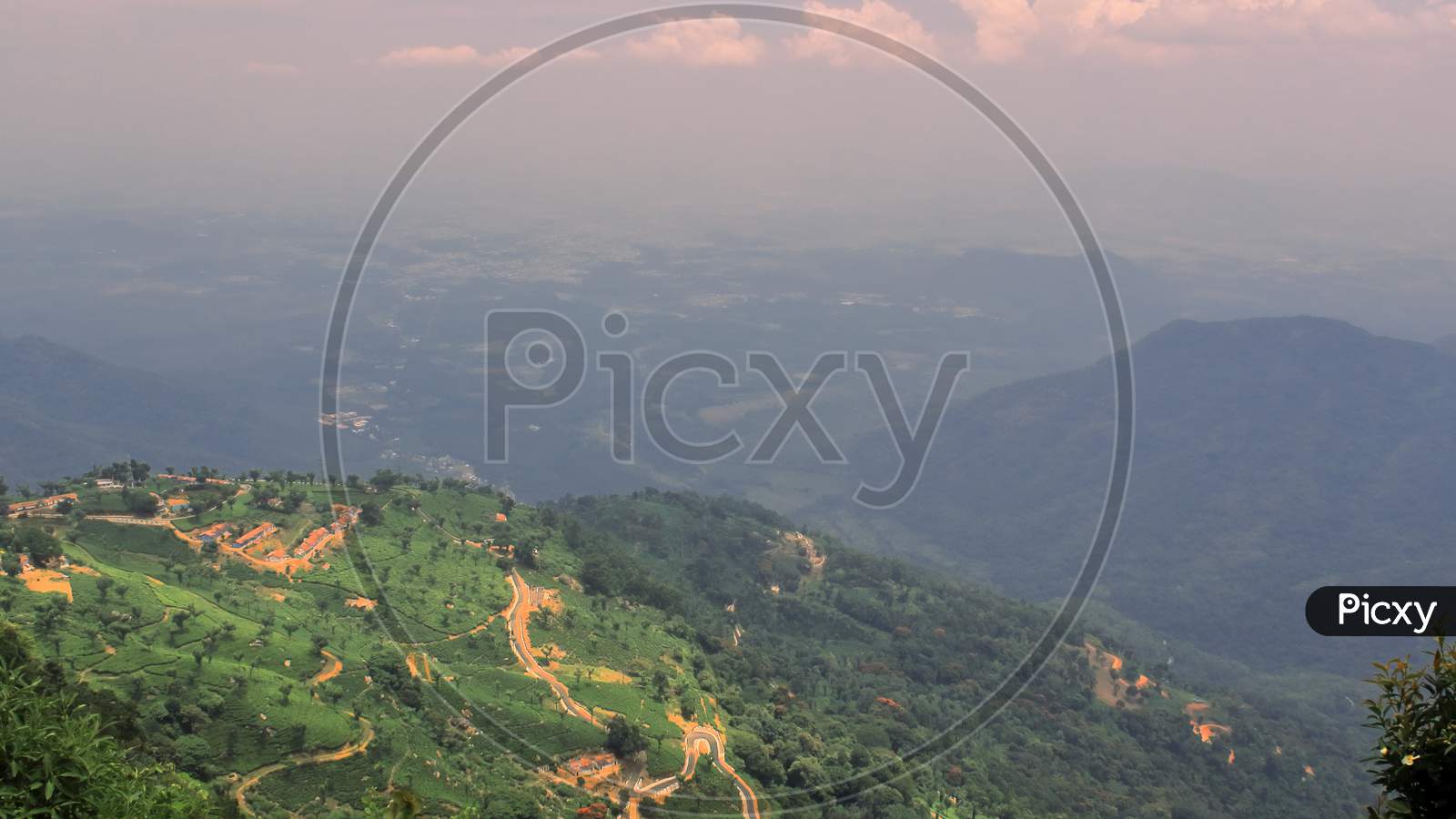 birds eye view of coonoor tea garden and nilgiri foothills from a hill top at coonoor, near ooty hill station in tamilnadu, south india