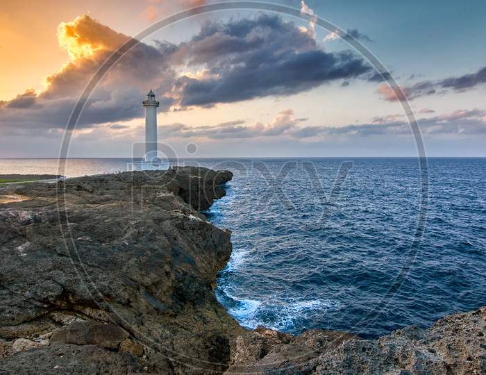 Beautiful Sunset At Cape Zanpa With Zanpa Lighthouse, Okinawa, Japan