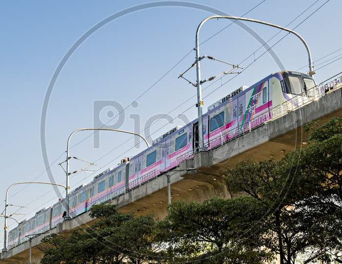 Pune,Maharashtra,India-March 12Th,2020: Colorful, Train For Pune Metro Trial Run, On The Bridge.