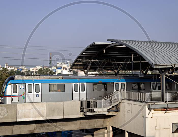 Rapid Transit Hyderabad Metro Train Exits Nampally Station In The Morning. The Service Has Successfully Completed One Year In 2019