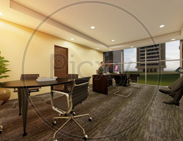 Three Dimensional Drawing Of Office Of An Chief Executive Officer Who Meeting With Another Staff