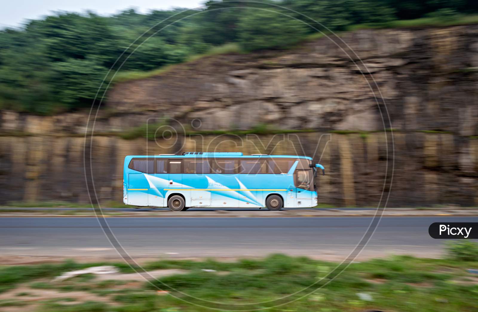 Pan Image With Blur Background Of Of A Speeding Msrtc Ac Scania Bus , Speeding Towards Mumbai.