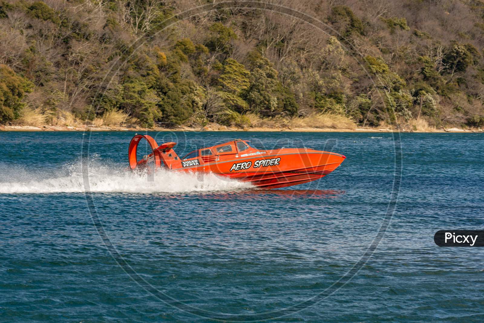 Speed Boat Racing Across Lake Hamana Brackish Lagoon In Shizuoka, Japan
