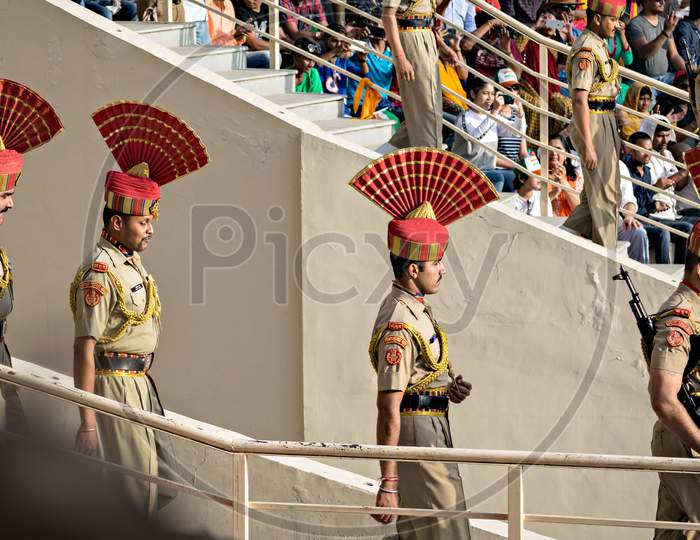 Amritsar,Punjab,India-April 14Th, 2019:Border Security Force Personnel Marching To Take Part In Beating Retreat Ceremony At The India-Pakistan Wagah Border.