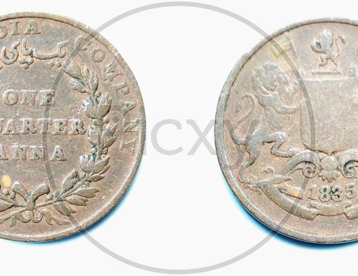 An Old British East India Company Coin - One Quarter Anna - 1835, Isolated On White Background