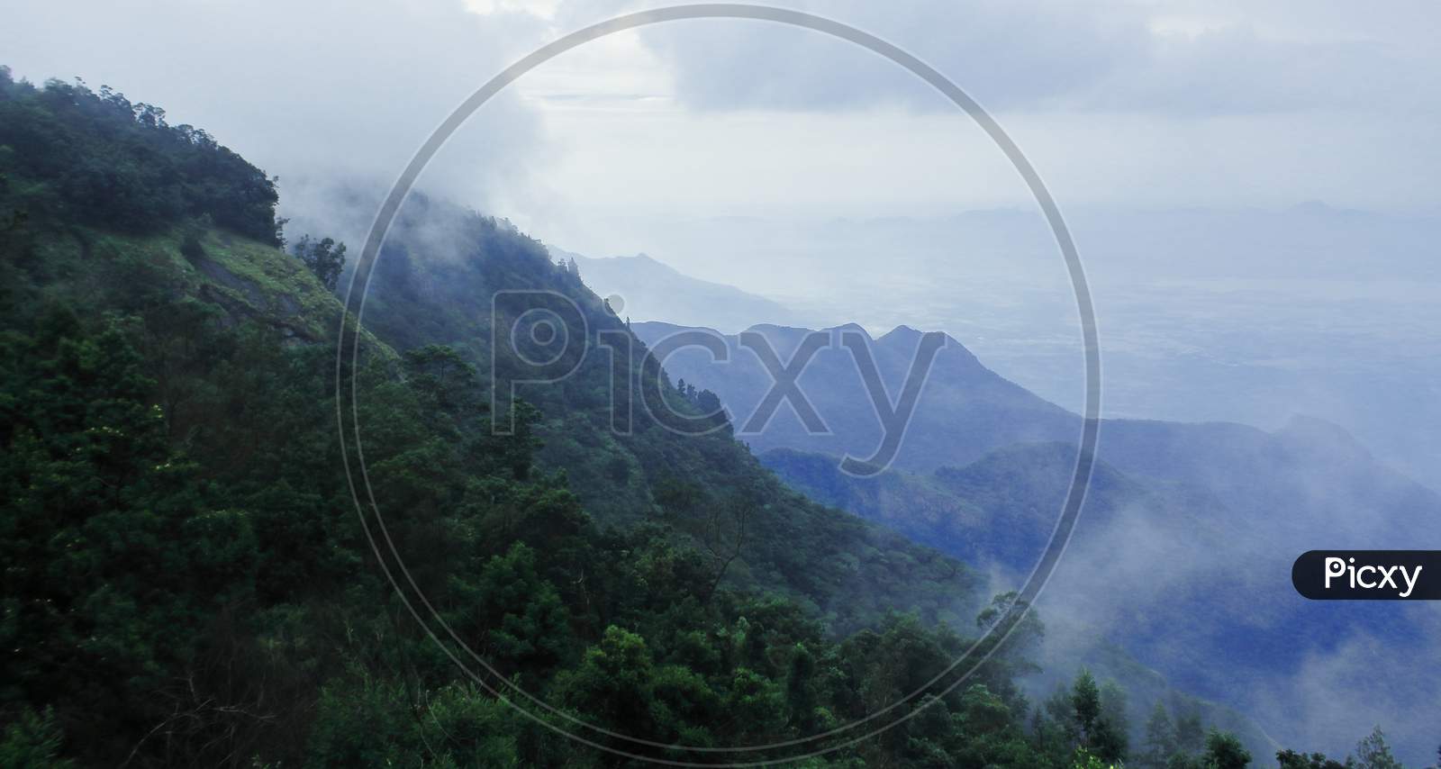 cloudy windward side (relief rainfall) of western ghats mountains in monsoon season