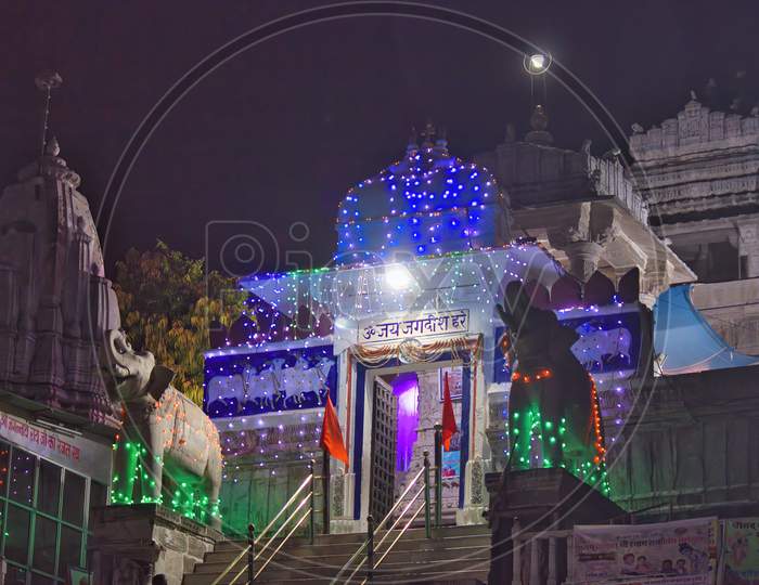 Udaipur, India - May 24, 2013: Night View Of Decorated Jagdish Hindu Temple Built In 1651