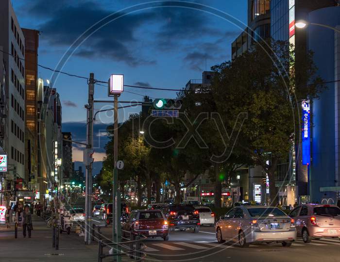 Evening Street View Of Downtown Kobe, Hyogo Prefecture, Japan