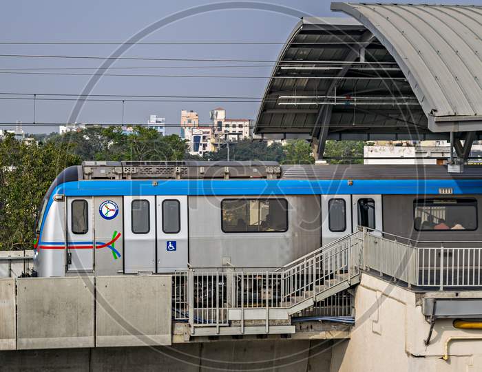 Rapid Transit Hyderabad Metro Train Exits Nampally Station In The Morning. The Service Has Successfully Completed One Year In 2019, Namapally, Hederabad, India.