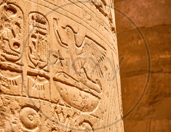 Relief Details And Egyptian Hieroglyphs At Karnak Temple In Luxor, Egypt