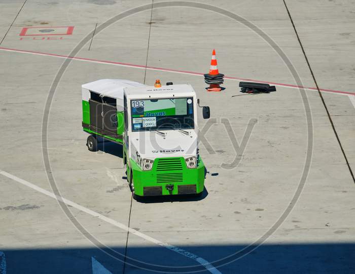 Airport Baggage Tractor At The New Istanbul Airport, Istanbul Havalimani In Turkey
