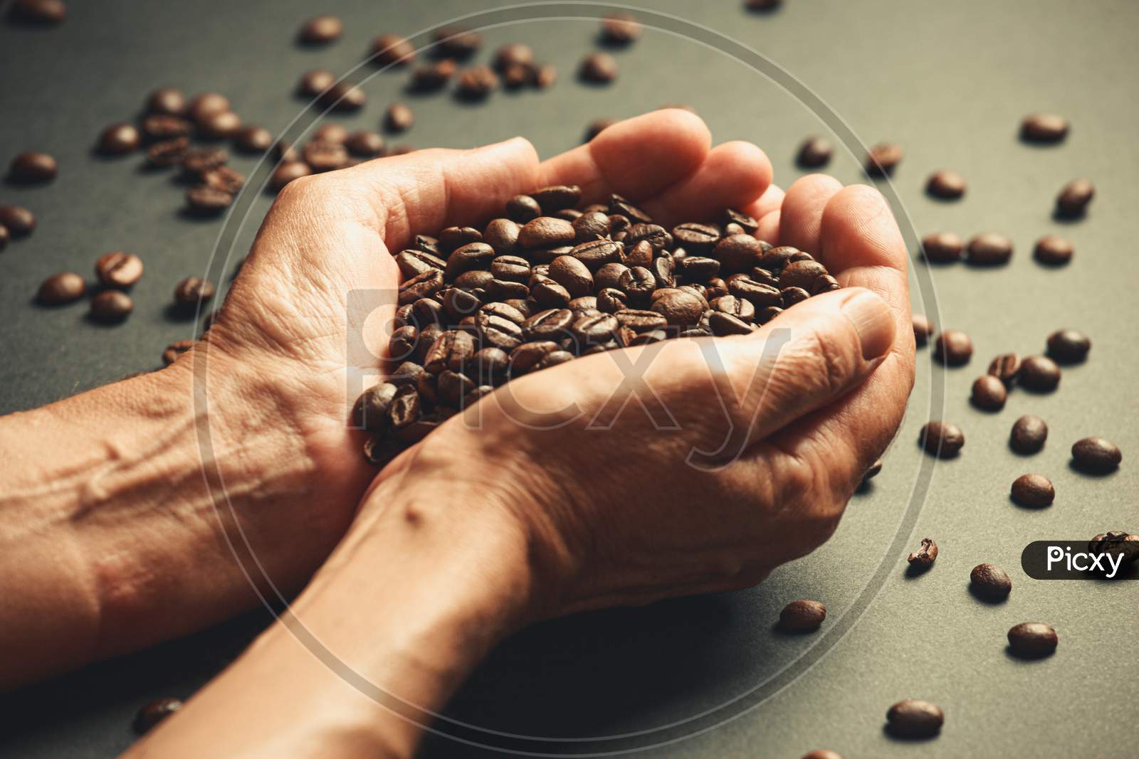 Old Hands Holding A Lot Of Coffee Grains Over A Dark Background