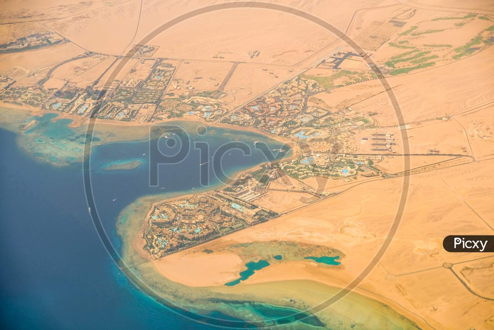 Aerial View Of Red Sea Tourist Resorts In Hurghada, Egypt