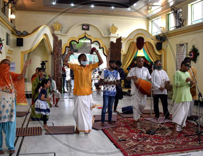 Hindu devotees offer prayers to Lord Krishna and Radha on the occasion of Krishna Janmashtami festival at ISKCON temple  in Prayagraj, August 12, 2020.