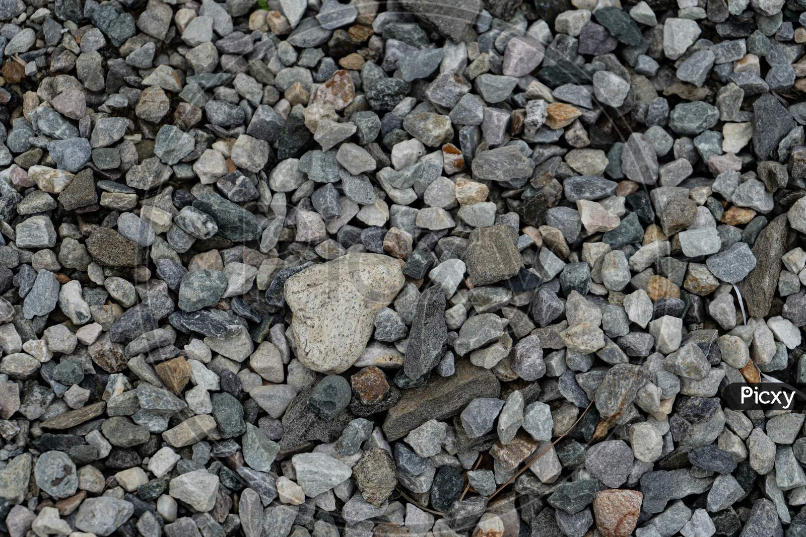 Abstract Design Formed By Various Numbers Of Pebbles Scattered In The Lawn, Background Texture Of Pebbles.