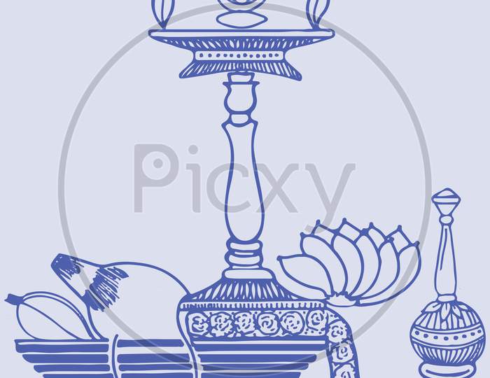 Drawing Of Kalasha, Coconut, Banana, Mangal Sutra And Metal Traditional Oil Lamp In A Plate During Hindu Wedding. Hindu Marriage Items In A Plate For Puja