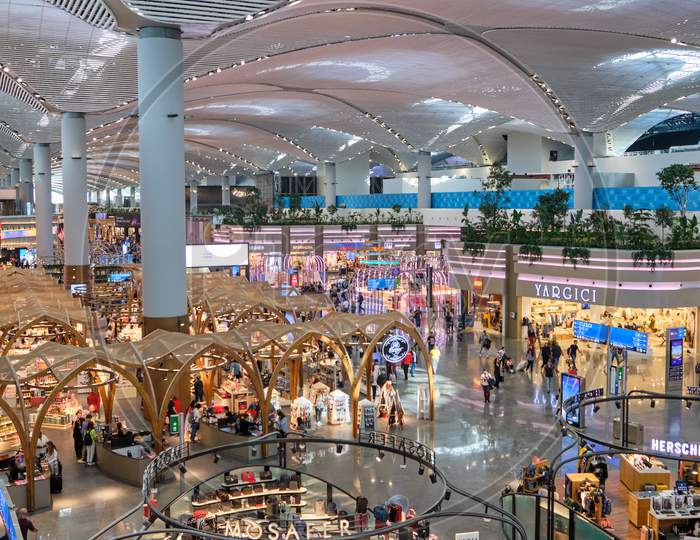 Duty Free Shops And Food Court At New Istanbul Airport’S International Departures Terminal, Istanbul Havalimani In Turkey