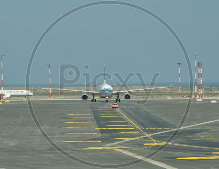 Plane Taxiing To Arrival Gate At New Istanbul Airport, Istanbul Havalimani In Turkey