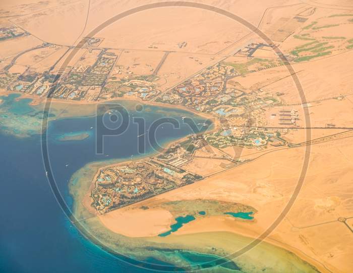 Aerial View Of Red Sea Tourist Resorts In Hurghada, Egypt